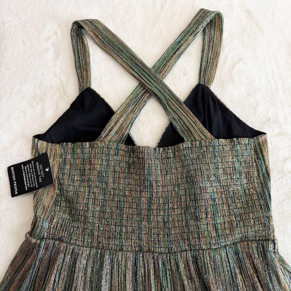 Boston Proper Metallic Green Gold Maxi Dress V-Neck NWT Women’s L - Picture 11 of 14